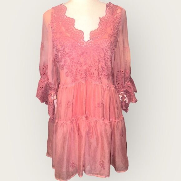 Free People Chrysanthemum Mini Sheer Embroidered Dress w Slip Dress Sz XS - Picture 1 of 10
